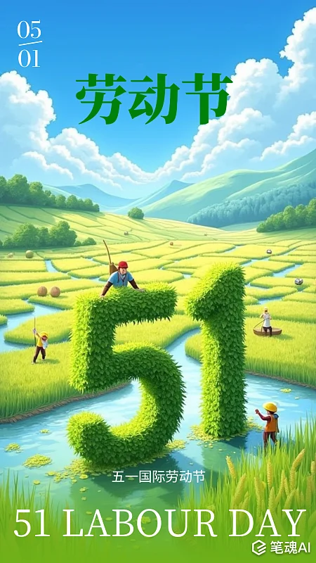 五一51劳动节简约插画节日宣传海报 五一劳动节 51 五一 劳动节 劳动人民 田地 简约 3D 插画海报
