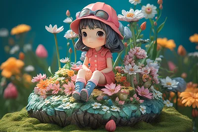 梦幻春日小女孩坐巨花