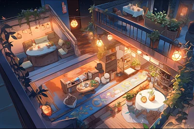 天台白色阳光房植物夜景