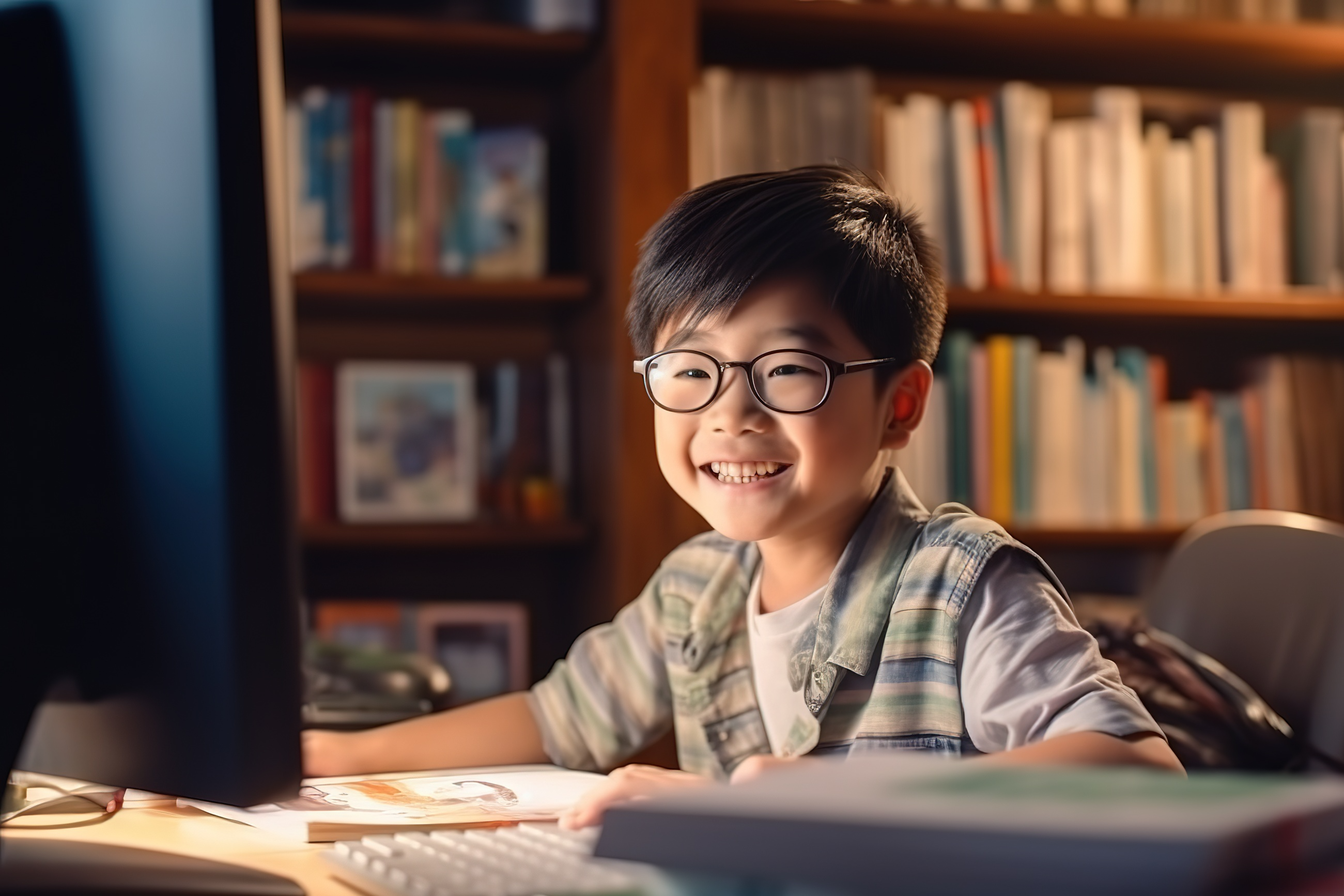 阳光下学习的中国小男孩特写