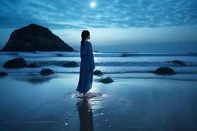 月光海滩上的韩国偶像深情油画