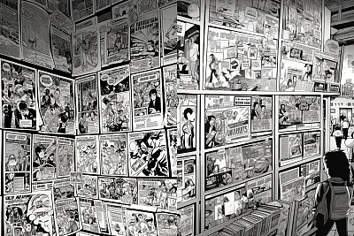 黑白漫画风格海报漂浮空中