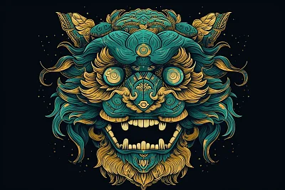 精致刺绣中国舞狮头像插画