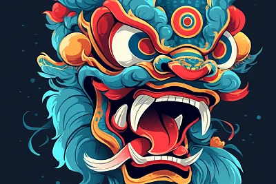 中国风格舞狮头像刺绣插画