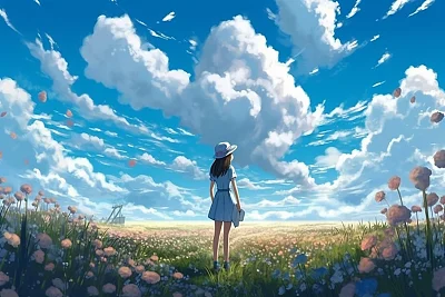 蓝天白云下的绿草地与女孩