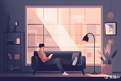 极简主义风格男孩坐沙发看手机插图