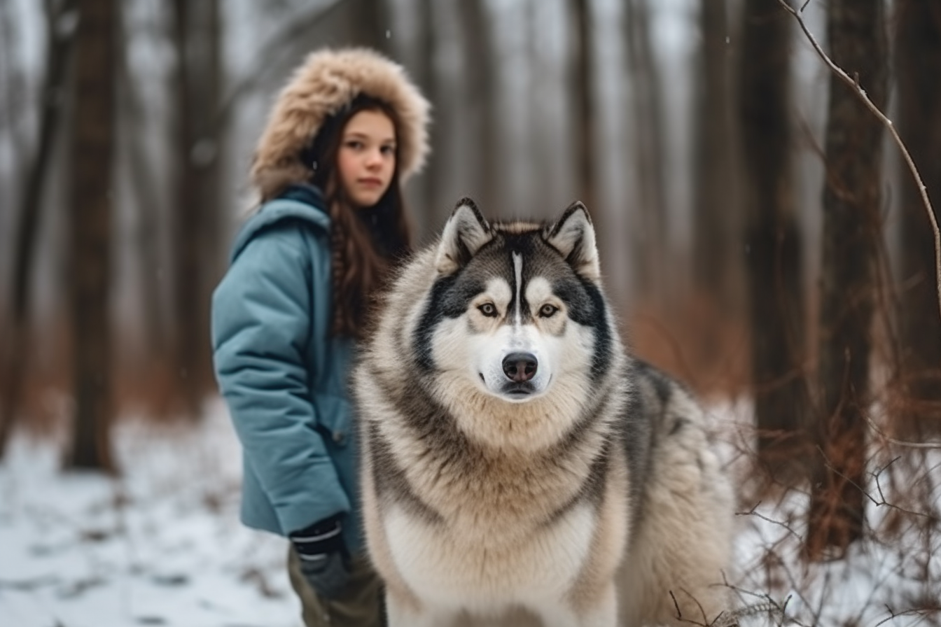 女孩与阿拉斯加雪橇犬冬季森林奔跑