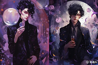 超现实紫眼黑发年轻人肖像