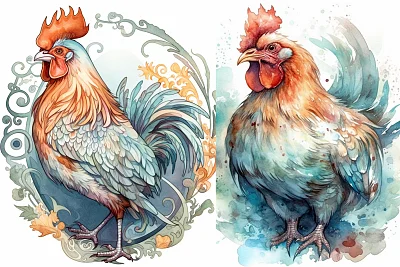 水彩画鸡细致人物插图风格