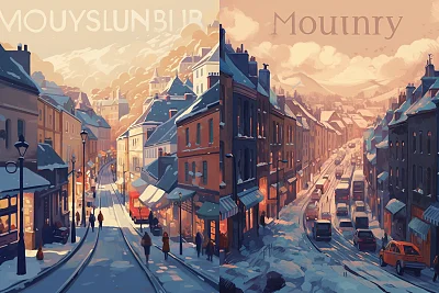 雪景下的繁华街道插画