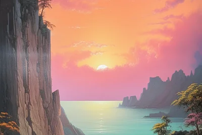 梦幻海岸粉彩风景画