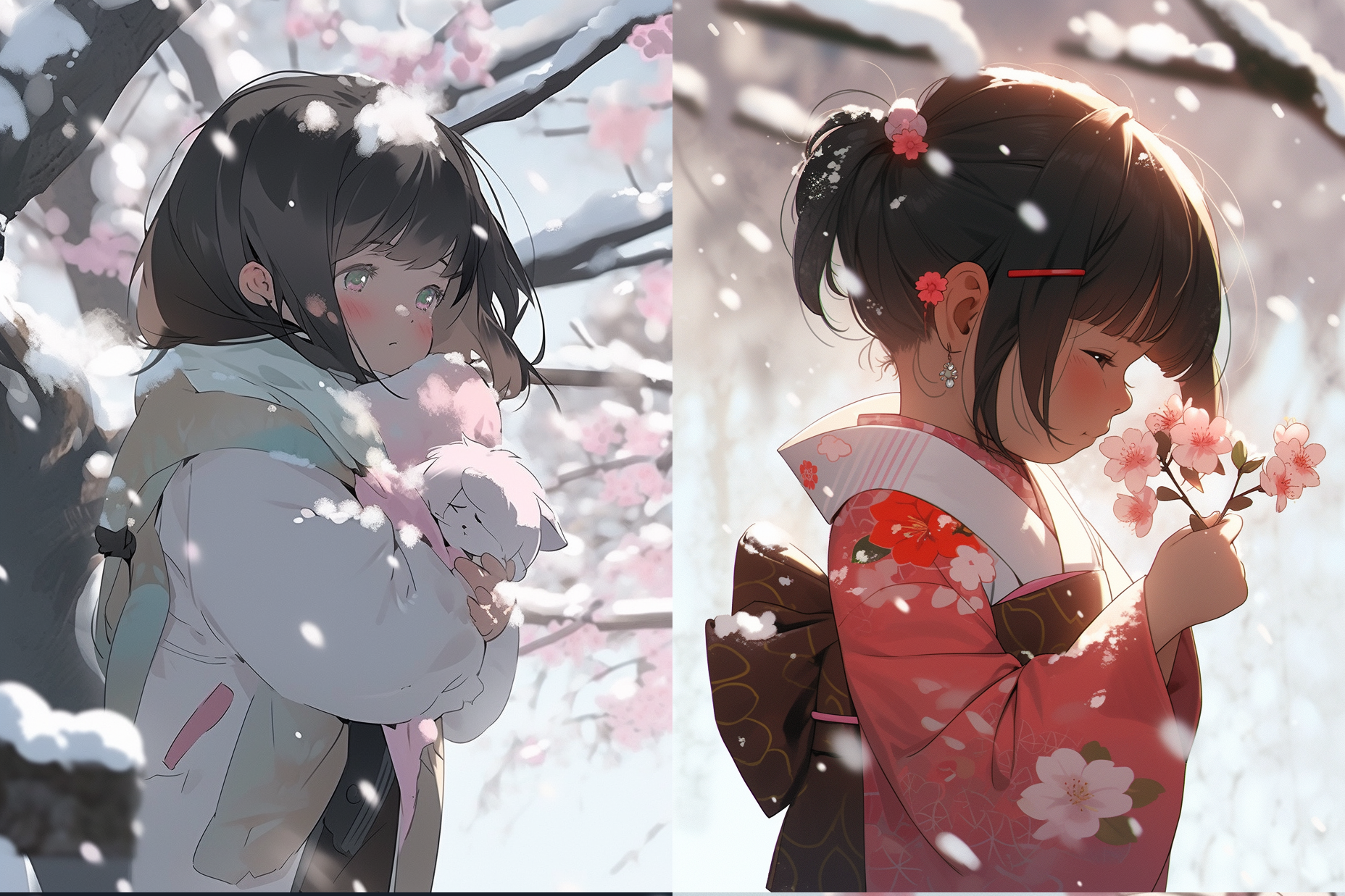 雪中少女赏梅花的细腻艺术描绘