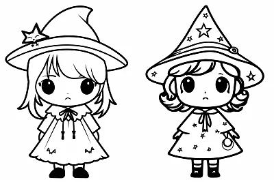 黑白卡通女巫着色页