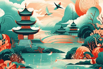 中国传统风格多维风景矢量插图