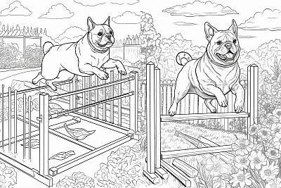 黑白斗牛犬跳跃障碍着色页