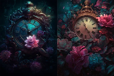 奇幻生物风格时钟与花朵插画