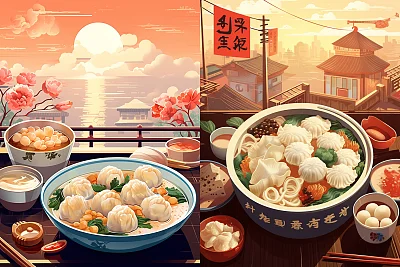 中式扁平化插画饺子海报