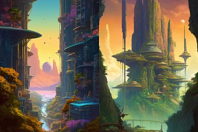 未来主义科幻香格里拉天堂城市景观