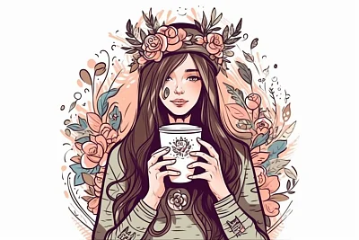 时尚女孩花冠咖啡插图