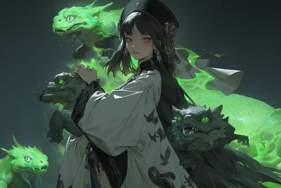 汉服少女与玄武神兽的幻想肖像