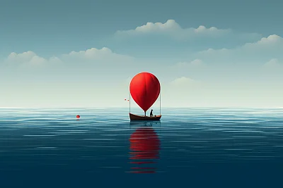 极简主义小船载红色气球海面航行