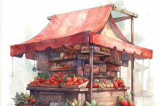 白色背景下的草莓美食水彩画