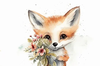 儿童书籍插画风格小狐狸鲜花