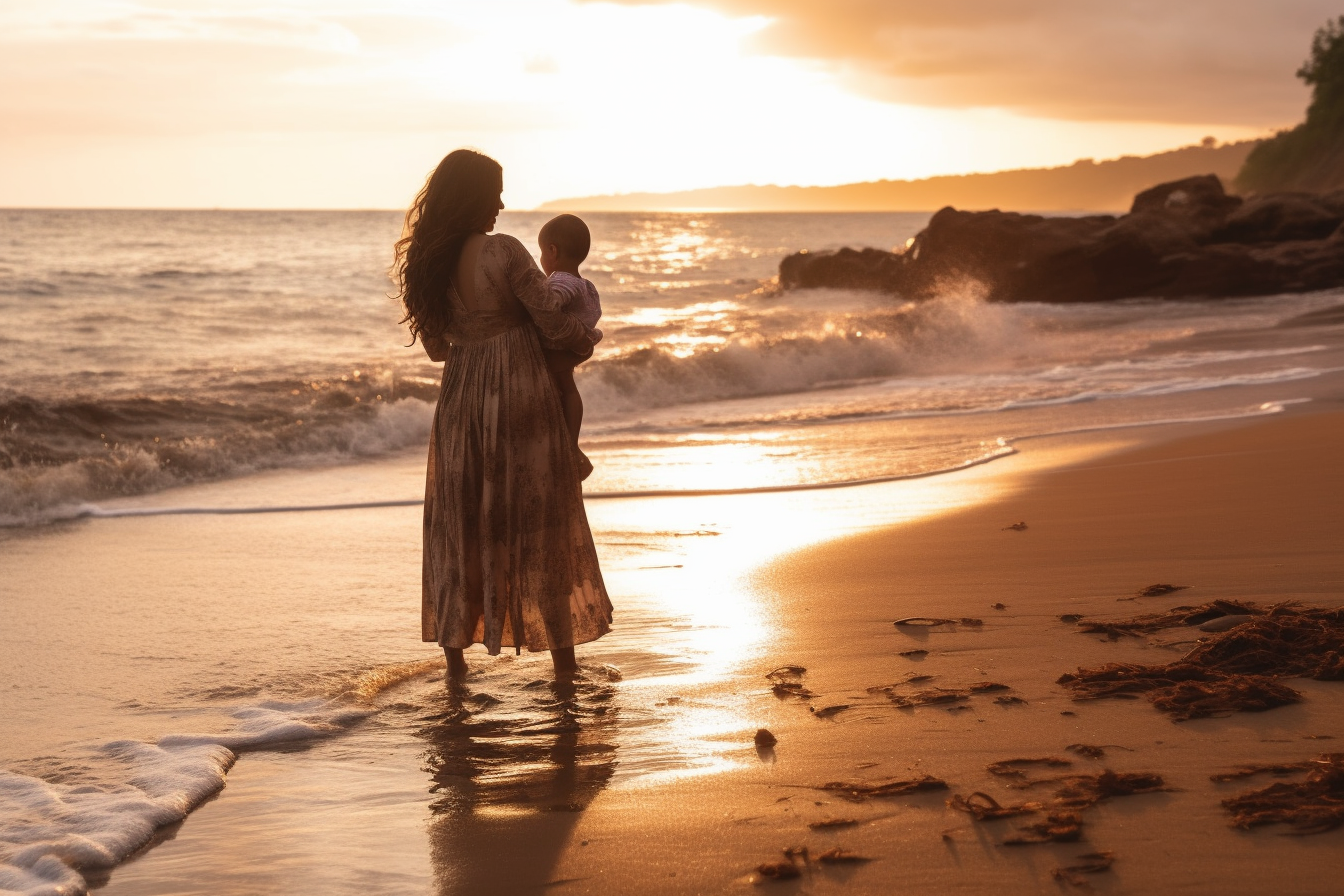 母子海滩夕阳温馨拥抱