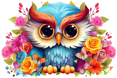 色彩鲜艳的小猫头鹰与花朵剪贴画