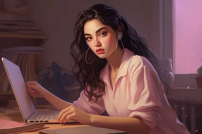 粉色泡泡袖女孩学习插画