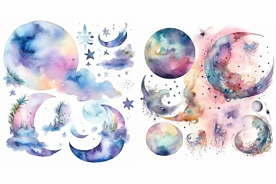 奇幻魔法星系水彩月亮剪贴画