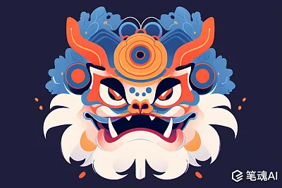 中国风格舞狮刺绣插画