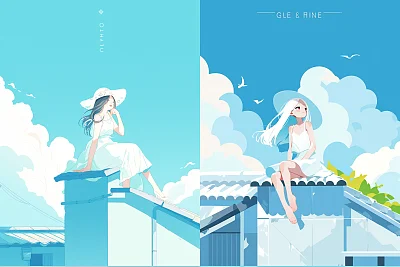 夏日幻想风格亚洲女孩屋顶插画