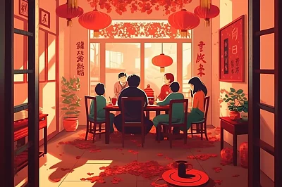 春节家庭团圆年夜饭插画