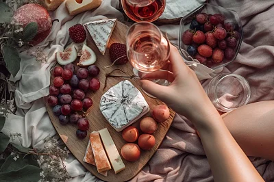 玻璃杯中玫瑰红酒俯视图