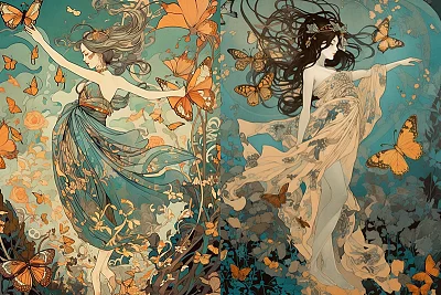 深蓝宝石色米色迷幻风景中的女士与蝴蝶共舞