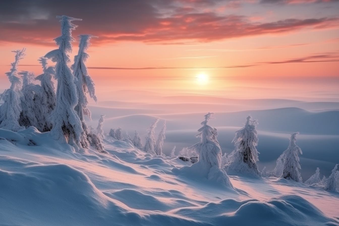 冬日山丘雪景朝霞蓝粉天空