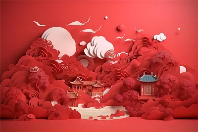 红色背景中国风格剪纸插画