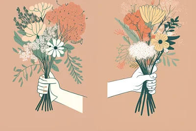 情人节简约风格手拿花束插画