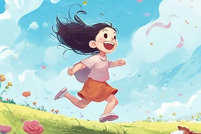 春天草原上的蓝发小女孩与狗狗插画