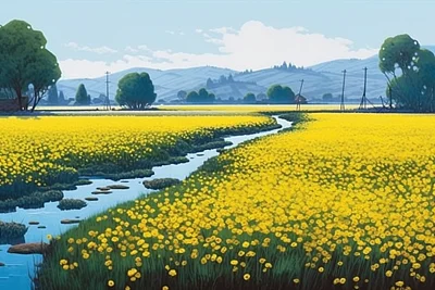 金盏花黄色钴蓝色风景插画