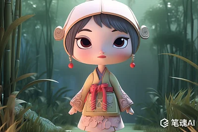 梦幻竹林中的中国风精灵少女