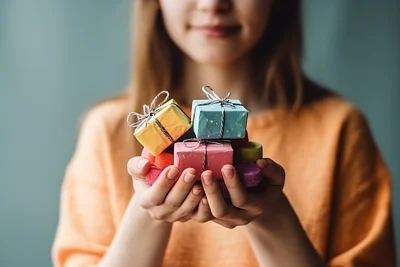 年轻白人女性手持平衡小礼物特写