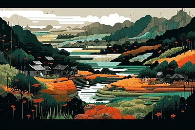 中国乡村风景插画