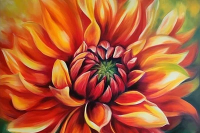 鲜艳抽象大丽花油画