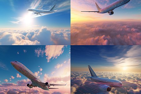 日落时分客机蓝天尾迹摄影