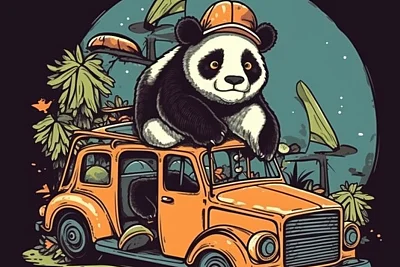 卡通熊猫汽车T恤设计