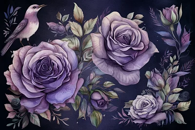 紫色玫瑰与叶的水彩画风