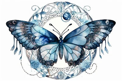 蓝色蝴蝶月轮曼荼罗油画插画