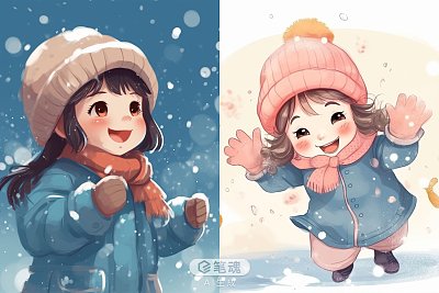 雪地中玩耍的小女孩漫画插画